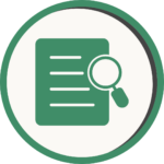 Green icon of a magnifying glass over a paper